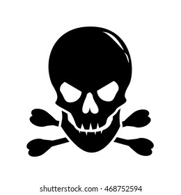 Monochrome image of smiling human skull and crossbones isolated on white background. Symbol of danger, pirate, poison, death. Art vector illustration.