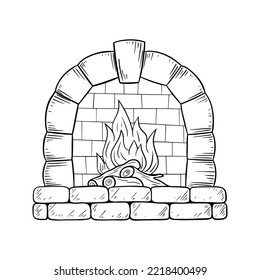 Monochrome image, stone fireplace with texture, wood and fire, vector illustration in cartoon style on a white background