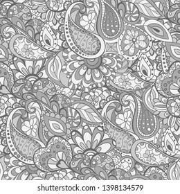 Monochrome Indian doodle floral repeating pattern