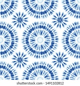 Monochrome Indigo Bright Tie-Dye Shibori Sunburst Circles on White Background Vector Seamless Pattern. Color-Separated. Perfect for Spring-Summer Textiles, Stationery