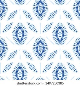 Monochrome Indigo Bright Tie-Dye Shibori Sunburst Flowers on White Background Vector Seamless Pattern. Perfect for Spring-Summer Textiles, Stationery