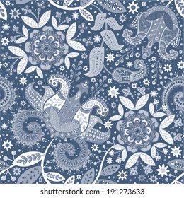 Monochrome indonesian batik. Vector seamless pattern. Paisley print hand drawn. Floral indian pattern. Arabian floral. Paisley. Design for home decor, fabric, textile, carpet, cover, wrapping paper.