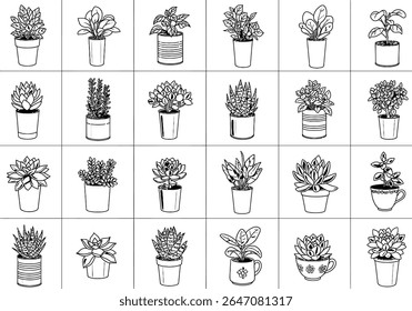 Monochrome Indoor Plants Collection A Detailed Study of Potted Greenery Line Art Illustrations of Home Decor Plants Enhancing Interiors Through Black and White Plant Art