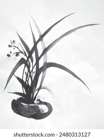 Monochrome ink brushstroke painting grass leaves in a vase