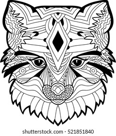 Monochrome ink drawing. A drawing of a Fox head with tribal patterns. Coloring page for adults