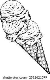 Monochrome ink illustration of an ice cream cone with a scoop of creamy ice cream on top. Perfect for summer-themed menus, confectionery, gelateria branding, bakery designs or food packaging