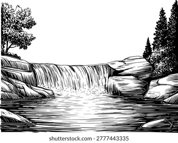 A monochrome ink a serene waterfall flowing over rocks, framed by trees. The style is reminiscent of vintage