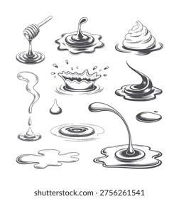 Monochrome ink of various liquid splashes drips and pours