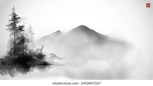 Paisaje de lavado de tinta monocromo con ciervo, pinos y montañas lejanas en la niebla. Tinta oriental tradicional sumi-e, u-sin, go-hua. Traducción de jeroglífico - eternidad.