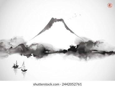 Monochrome ink wash painting with Fuji mountain, a fisherman, flying birds and trees reflecting in water. Hieroglyph - life energy