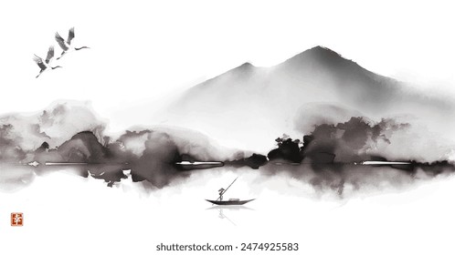 Monochrome ink wash painting with mountains, a fisherman, couple of cranes in the sky and forest trees reflecting in water. Hieroglyph - happiness.