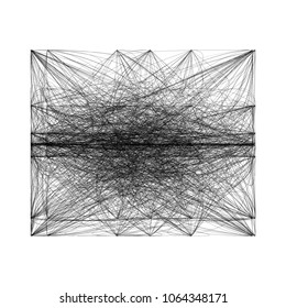 Monochrome intertwined linear shape. Complex chaotic geometric wireframe object. Black and white background. Avant-guard schematic sketch. Modern abstract vector illustration. Element of design.