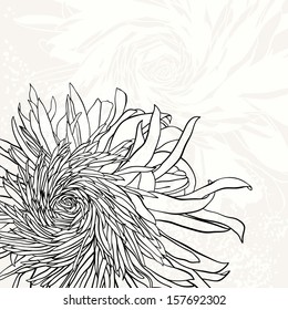 Monochrome invitation or greeting card with chrysanthemum