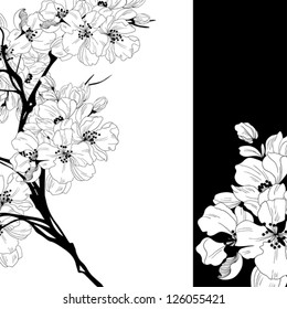 monochrome invitation or greeting card with Oriental cherry - digital artwork for textiles, fabrics, souvenirs, packaging and botanical cards. floral frame