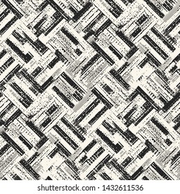 Monochrome Irregularly Checked Splatter-Textured Distressed Background. Seamless Pattern.