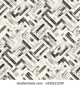 Monochrome Irregularly Checked Splatter-Textured Distressed Background. Seamless Pattern.