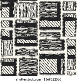 Monochrome Irregularly Textured Patchwork Graphic Motif. Seamless Pattern.