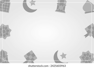 Monochrome Islamic background with copy space area. vector with patterns of waves, lanterns, moon stars, domes and mandalas. design for banner, greeting card, flyer, social media, presentation, web.