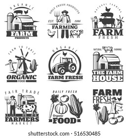 Monochrome isolated emblems set with farming house and organic food symbols vegetables on blank background vector illustration 