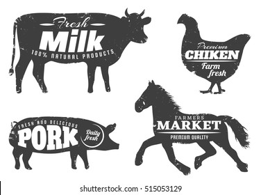 Monochrome isolated farm animal dark silhouettes with editable text quotes milk chicken pork on blank background vector illustration