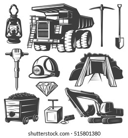 Monochrome isolated mining industry elements set with retro style images of professional technics on blank background vector illustration