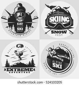 Monochrome isolated square composition with round emblems for extreme alpine skiing drawn in old school style vector illustration