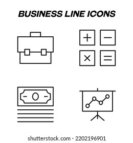 Monochrome isolated symbols drawn with black thin line. Perfect for stores, shops, adverts. Vector icon set with signs of business suitcase, calculator, progress bar 