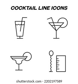 Monochrome isolated symbols drawn with black thin line. Perfect for stores, shops, adverts. Vector icon set with signs of swizzle sticks and cocktails in glasses 