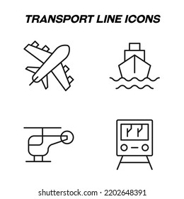Monochrome isolated symbols drawn with black thin line. Perfect for stores, shops, adverts. Vector icon set with signs of airplane, cargo ship, helicopter, train, subway
