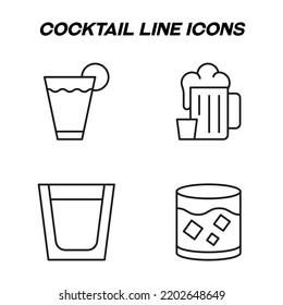 Monochrome isolated symbols drawn with black thin line. Perfect for stores, shops, adverts. Vector icon set with signs of various cocktails in glasses and beer in mug 