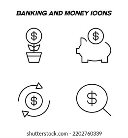 Monochrome isolated symbols drawn with black thin line. Perfect for stores, shops, adverts. Vector icon set with signs of money tree, moneybox, deposit, dollar, money exchange 