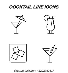 Monochrome isolated symbols drawn with black thin line. Perfect for stores, shops, adverts. Vector icon set with signs of ice and swizzle sticks in cocktail glasses and cup 