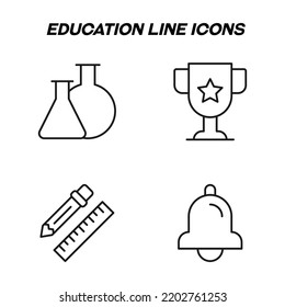 Monochrome isolated symbols drawn with black thin line. Perfect for stores, shops, adverts. Vector icon set with signs of laboratory bulbs, winner cup, liner, pencil, bell