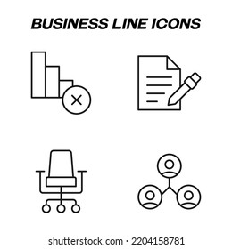 Monochrome Isolated Symbols Drawn With Black Thin Line. Perfect For Stores, Shops, Adverts. Vector Icon Set With Signs Of Progress Line, Deal, Contract, Staff, Office Chair 