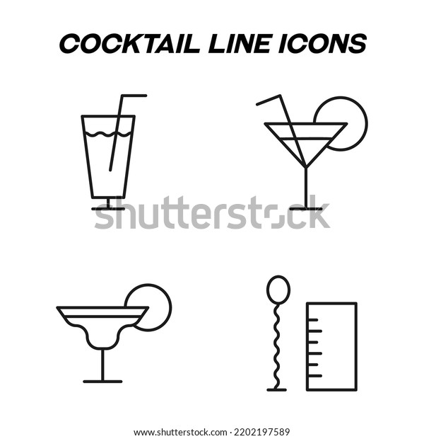 Monochrome isolated symbols drawn\
with black thin line. Perfect for stores, shops, adverts. Vector\
icon set with signs of swizzle sticks and cocktails in glasses\
