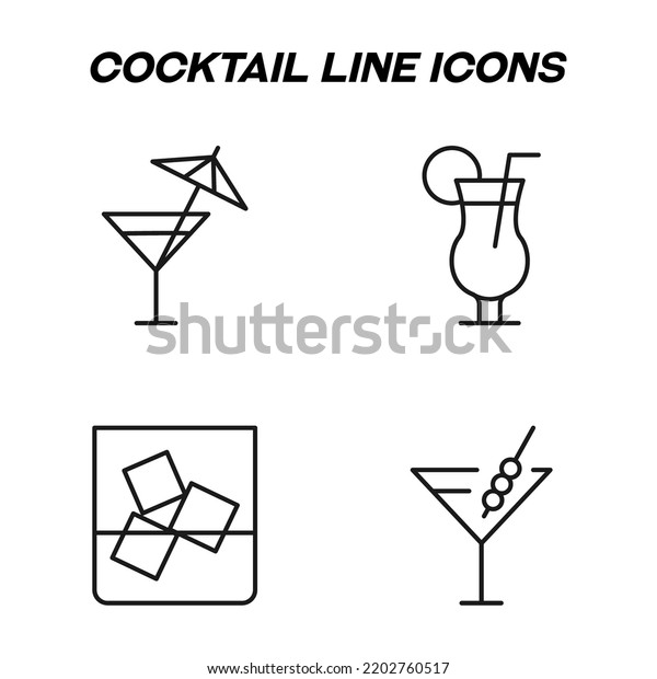 Monochrome isolated\
symbols drawn with black thin line. Perfect for stores, shops,\
adverts. Vector icon set with signs of ice and swizzle sticks in\
cocktail glasses and cup\
