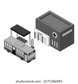 Monochrome isometric design depicting a bus stop and a clinic.Illustration of elements symbolising medical facilities and public transport within the city.