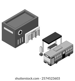 Monochrome isometric design depicting a bus stop and a clinic.Illustration of elements symbolising medical facilities and public transport within the city.Illustrations in line drawing style.