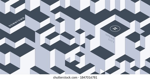 Monochrome isometric landscape city design. Urban city skyscraper background. 3D modern blocks geometric shape, fine line texture, ideal for web banner.