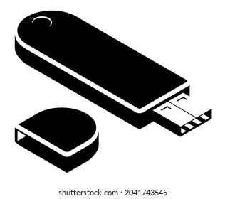 unidad flash USB isométrica monocromática con clave para datos digitales importantes. Protección confiable de la información contra el hackeo. Firma digital electrónica. Vector aislado en fondo blanco