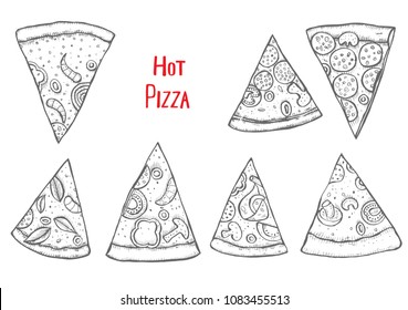 Monochrome Italian Pizza hand drawn vector illustration. Pizza slices in a circle. Design template.