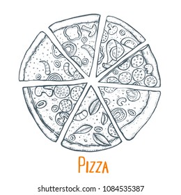 Monochrome Italian Pizza hand drawn vector illustration. Pizza slices in a circle. Packaging design template. Sketch illustration. Isolated on white