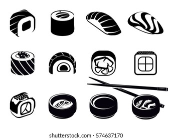 Monochrome japanese food icons set with sushi chopsticks and bowls with wasabi soy isolated vector illustration