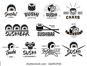 Monochrome japanese food labels set with different sushi and chopsticks on white background isolated vector illustration