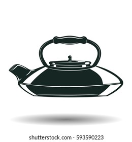Monochrome japanese kettle sign, element for vintage logo or emblem design isolated on white background, vector