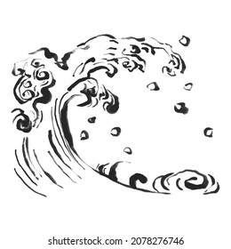 Monochrome Japanese line drawing illustration of splashing sea. Dynamic Japanese wave with ink brush. Curved swirls of faded brush strokes