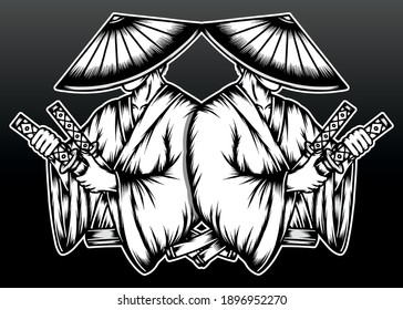 Monochrome japanese samurai. Premium vector