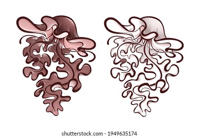 Monochrome jellyfish drawing, brown outline contour. Vector illustration isolated on white, sketch