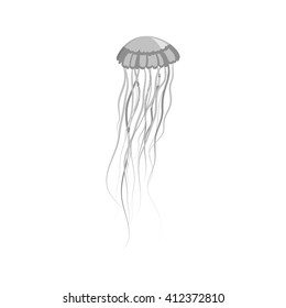 Monochrome jellyfish floating in space. Gelatinous jellyfish with long tentacles isolated on white background. Marine creature floating in water. Inhabitant of underwater world. Vector illustration