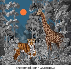 Monochrome jungle landscape with wild animals for kids. Vector